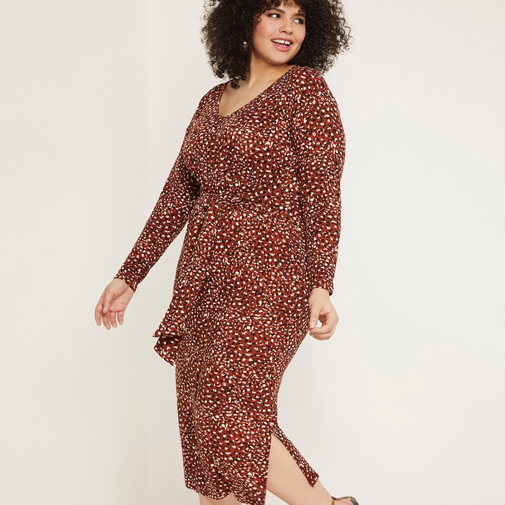 Eloquii Leopard Print Ribbed Tie Waist Midi Dress Size 18/20 - Picture 1 of 9